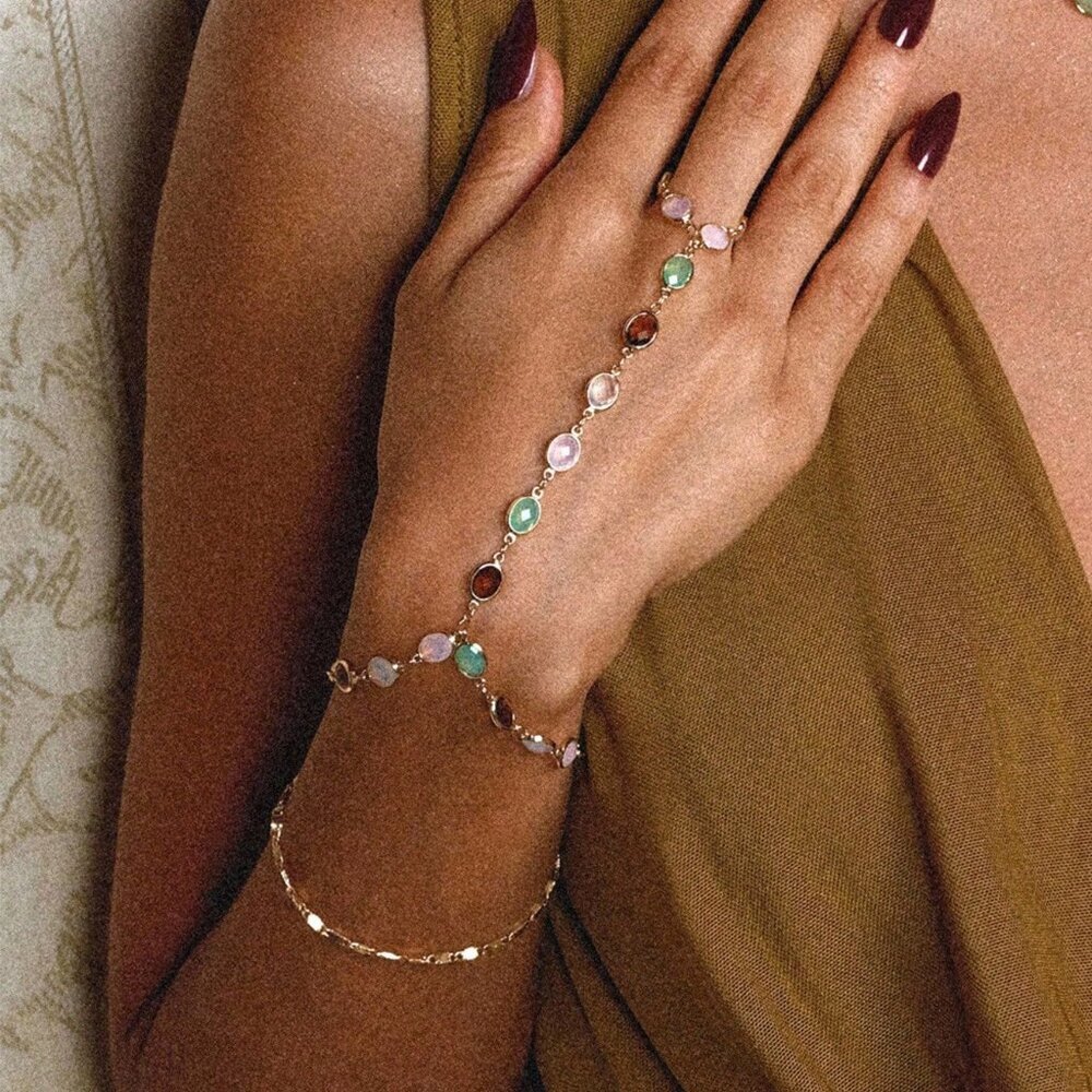 Multicolor Casual Women's Gold-Plated Gem Beaded Finger Chain bracelet